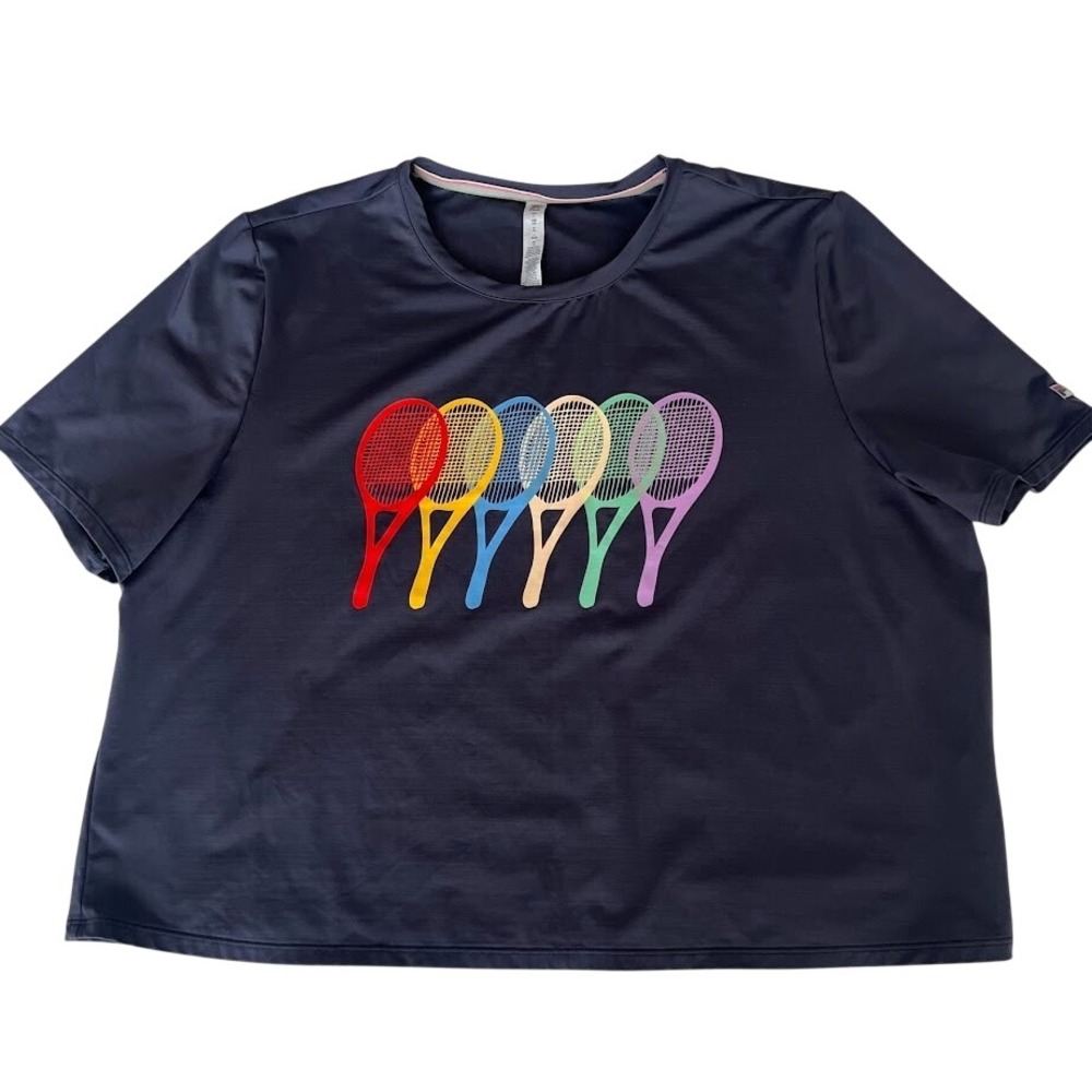 FILA Womens Large Tennis Racquet‎ Graphic Tee Gray Tenniscore Athletic Top